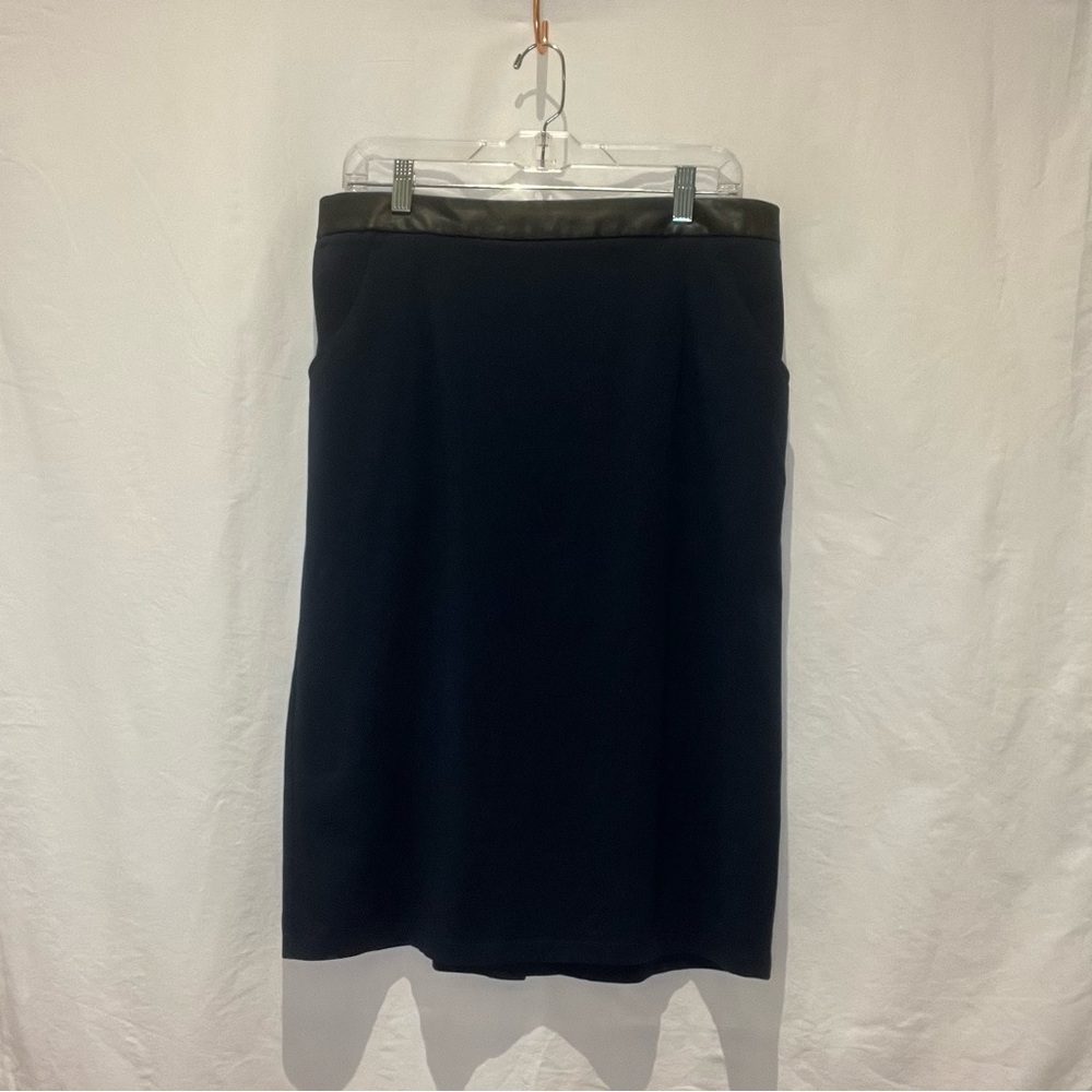 eshakti Navy Blue Cotton Knit Pencil Skirt Faux Leather Waist